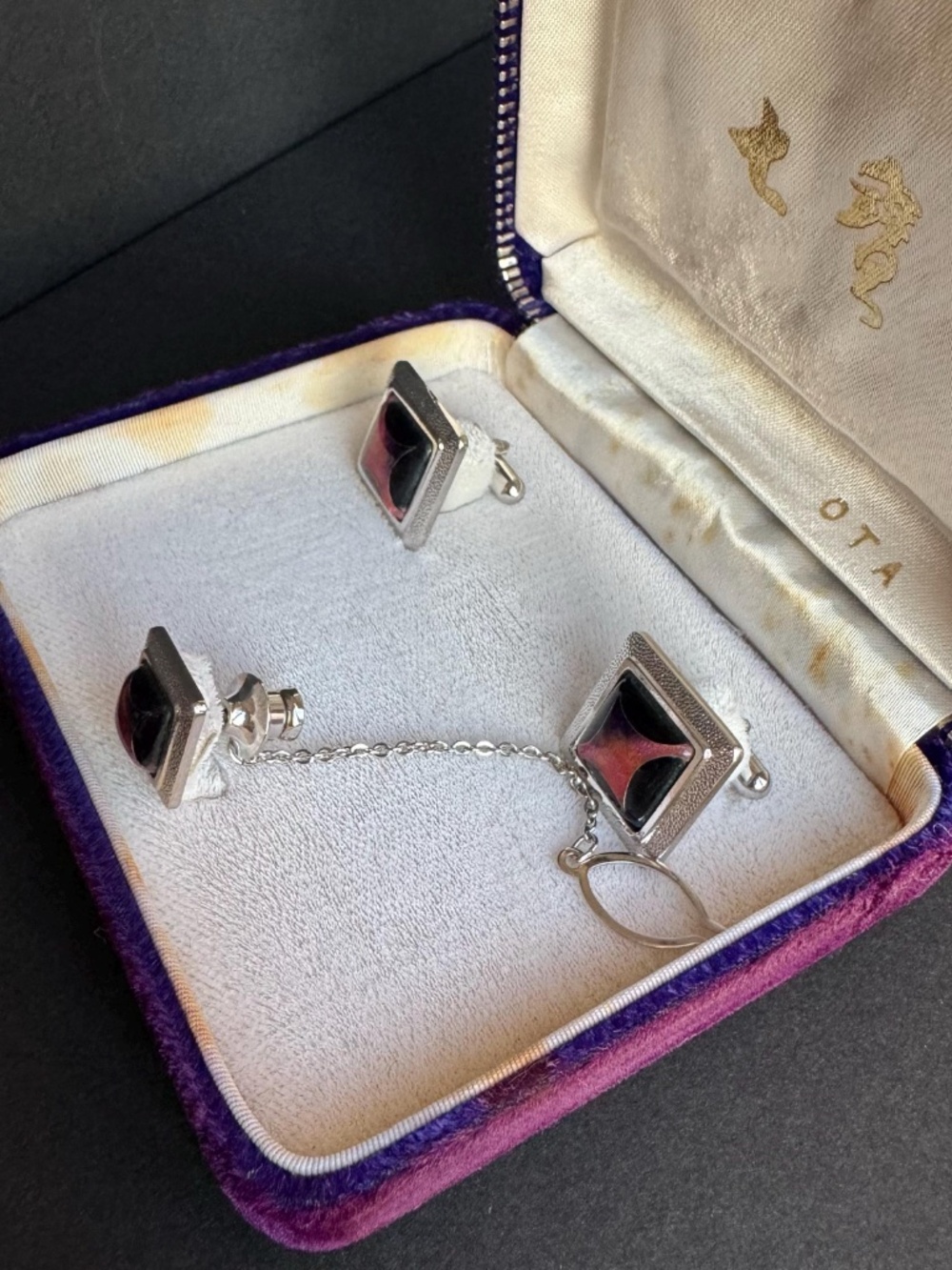 Cloisonne Enamel Cufflinks Tie Tack Set Japanese Shippo Boxed Formal Wedding - Picture 13 of 15